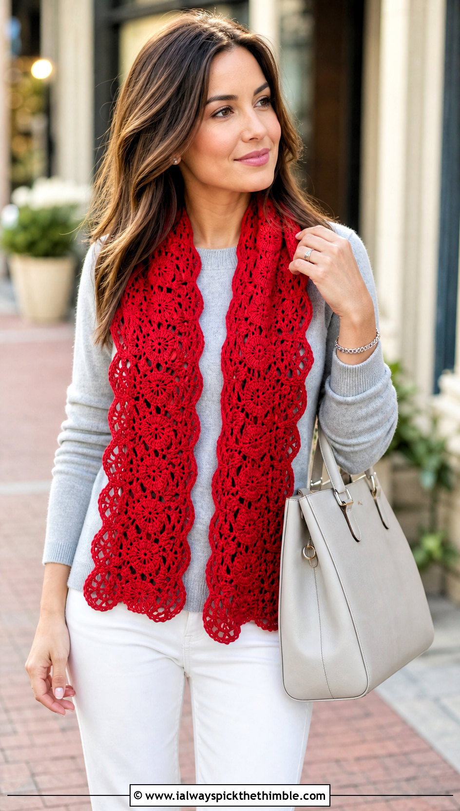 Scalloped Lace Crochet Scarf With Sweater And White Jeans - 15 Easy Lace Crochet Scarf outfit ideas