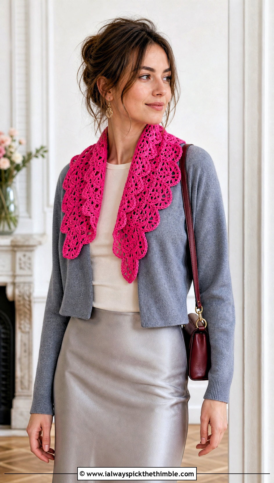 Scalloped Lace Crochet Scarflette With Cardigan And Satin Skirt - 20 Tiny Crochet Scarf outfit ideas