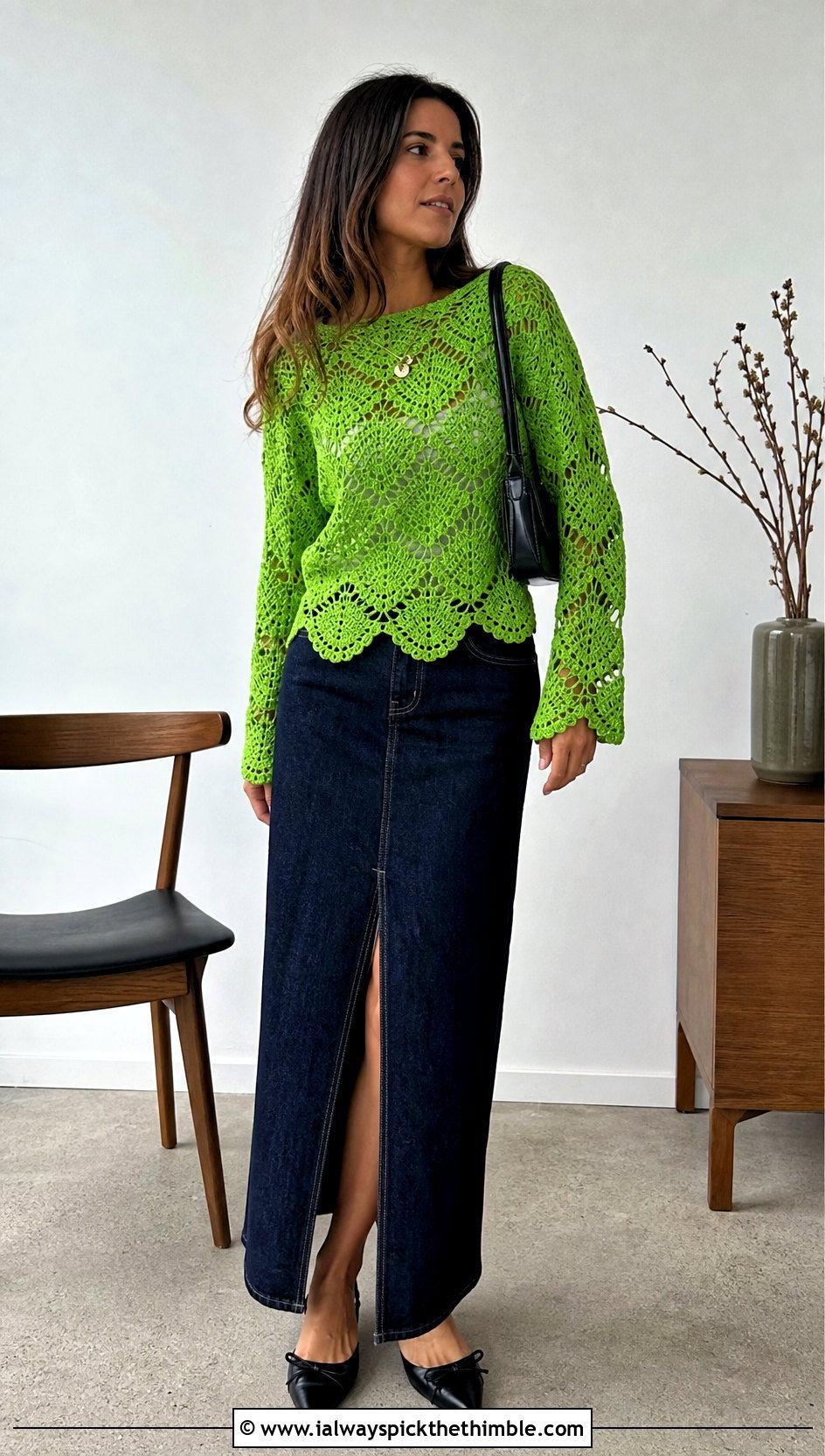 Scalloped Lace Crochet Sweater With Denim Maxi Skirt - 20 lace crochet sweater outfit ideas