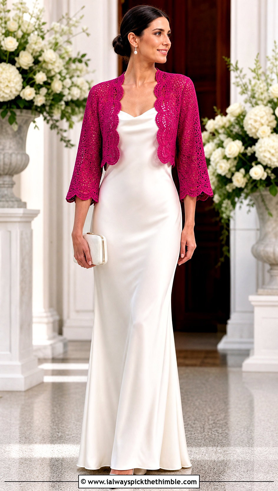 Scalloped Lace Crochet Wedding Bolero With Satin Gown - 20 Crochet Wedding Bolero outfit ideas