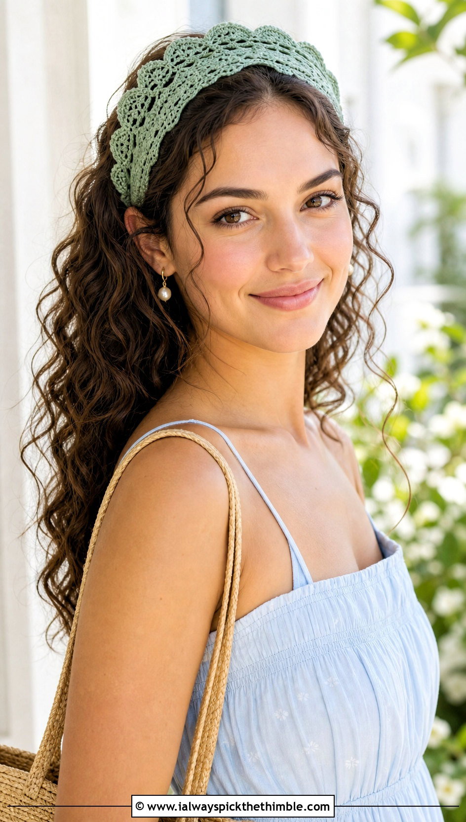 Scalloped Lace Green Crochet Headband With Sundress And Sandals - 20 green crochet headband outfit ideas