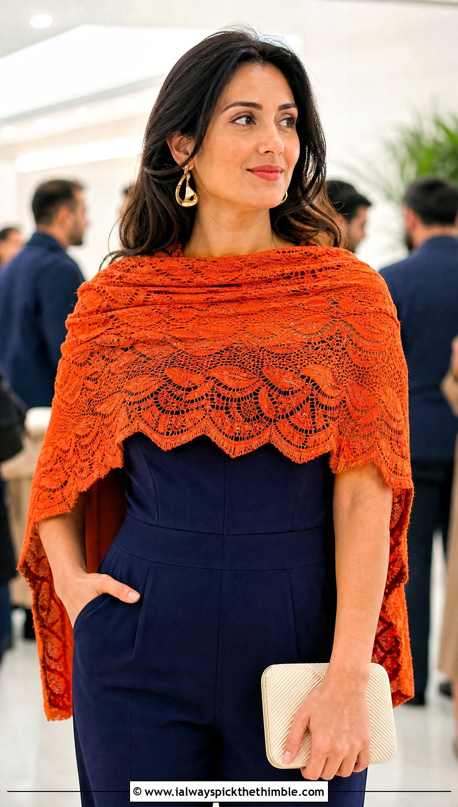 Scalloped Lace Triangle Shawl With Jumpsuit And Heels - 20 Crochet Lacy Triangle Shawl outfit ideas
