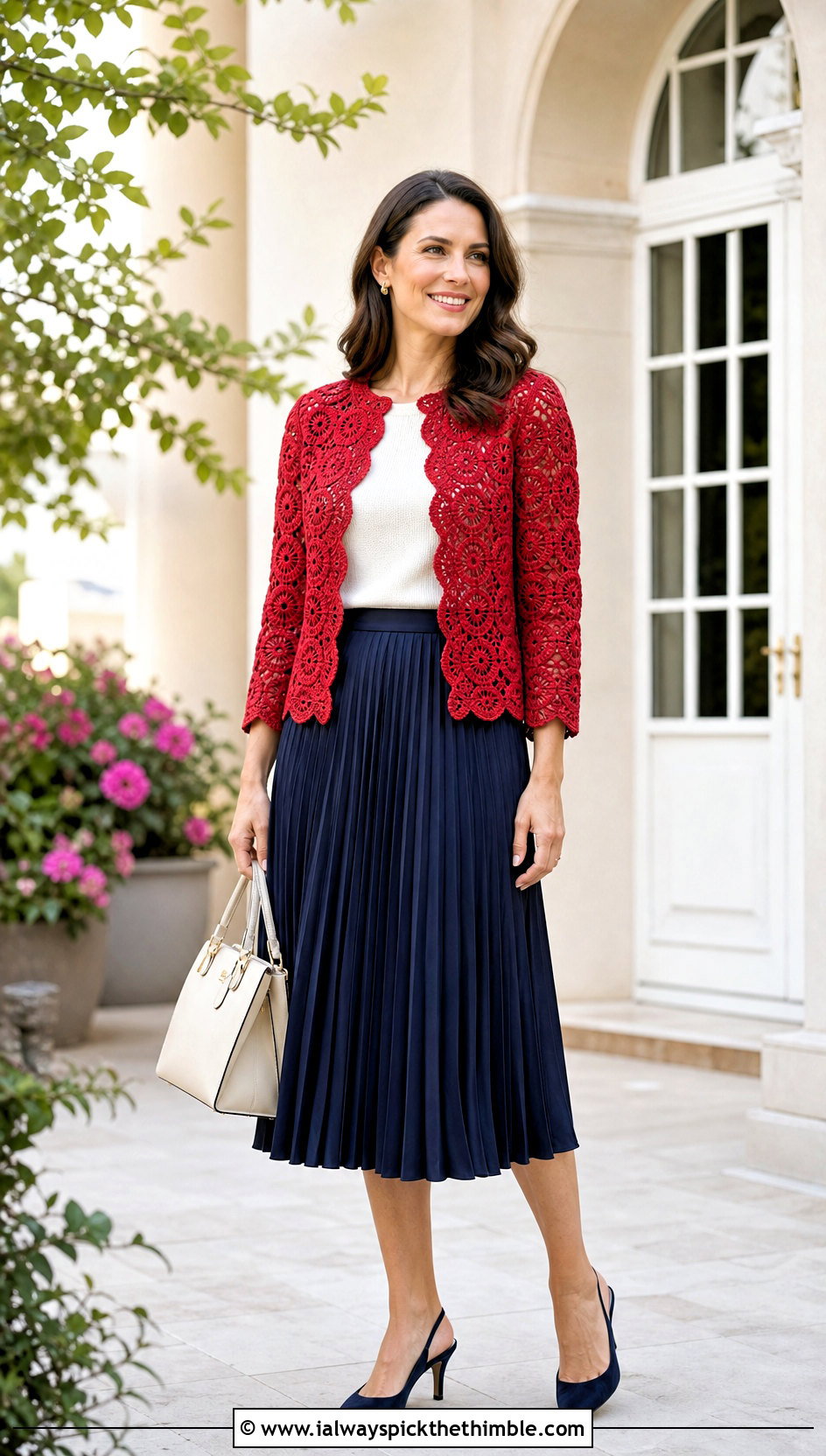 Scalloped Lace Wheel Jacket With Pleated Midi Skirt - 15 Crochet Circular Jacket outfit ideas