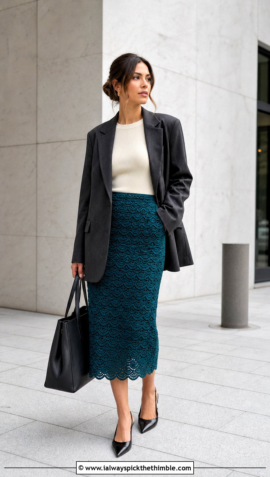Scalloped Layer Crochet Pencil Skirt With Oversized Blazer - 25 Layered Crochet Skirt outfit ideas