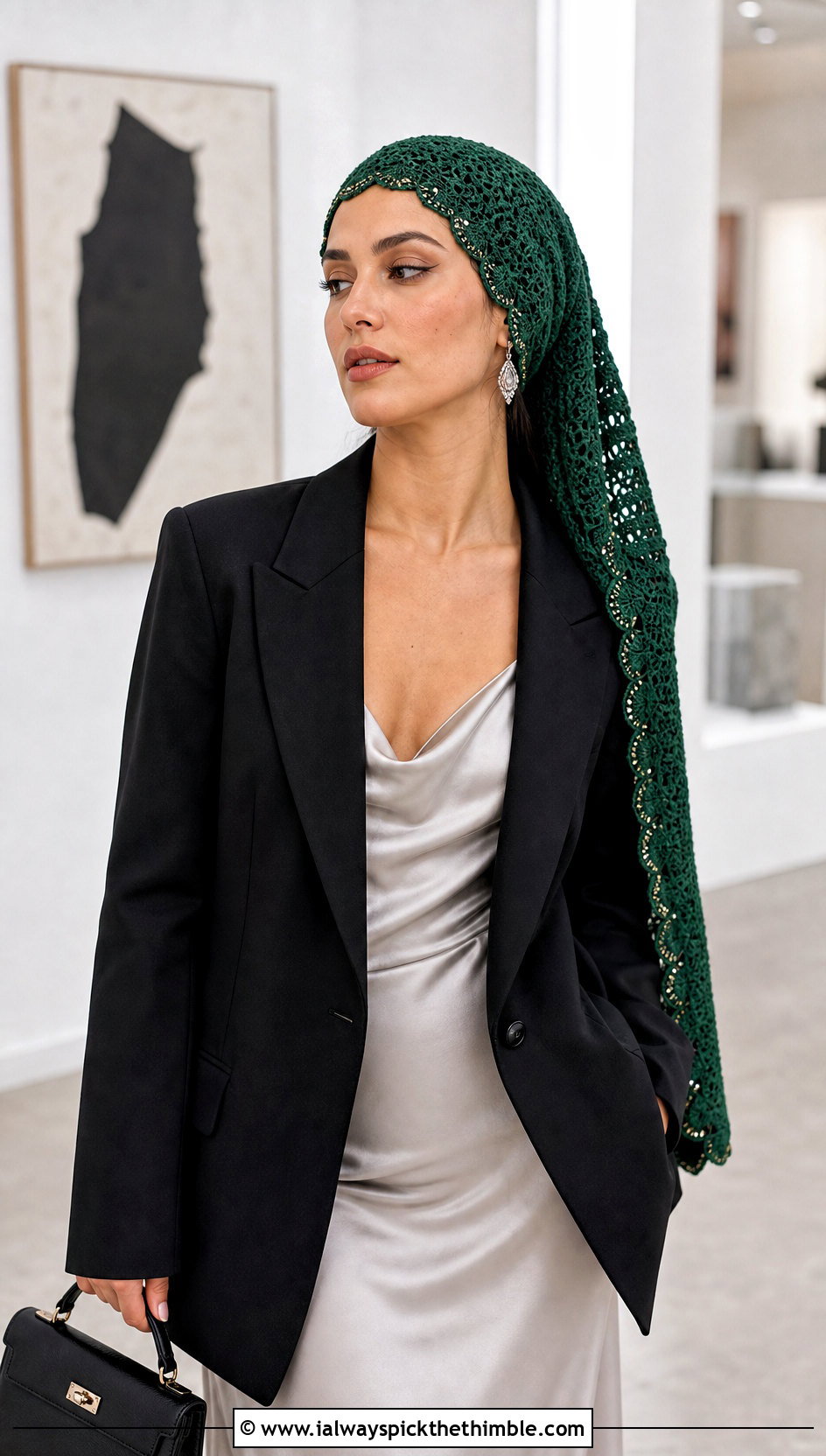 Scalloped Long Crochet Hat With Slip Dress And Blazer - 20 crochet long hat outfit ideas