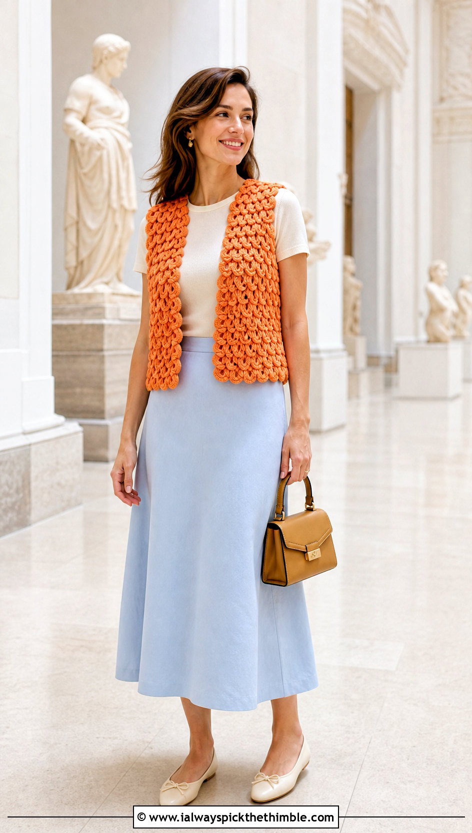 Scalloped Loopy Crochet Vest With A Line Midi Skirt - 15 loopy crochet vest outfit ideas