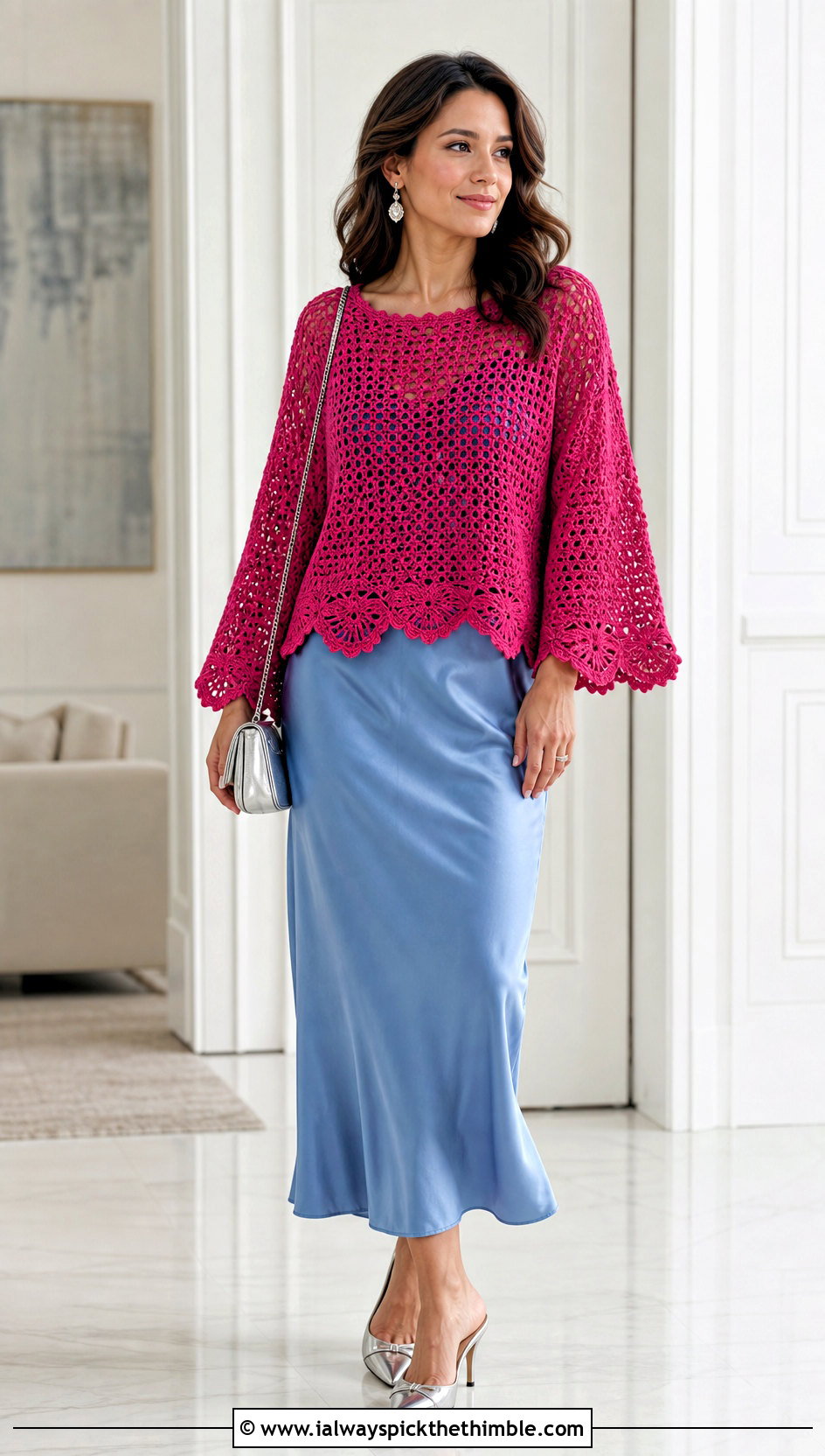 Scalloped Loose Crochet Sweater With Slip Dress - 20 loose crochet sweater outfit ideas