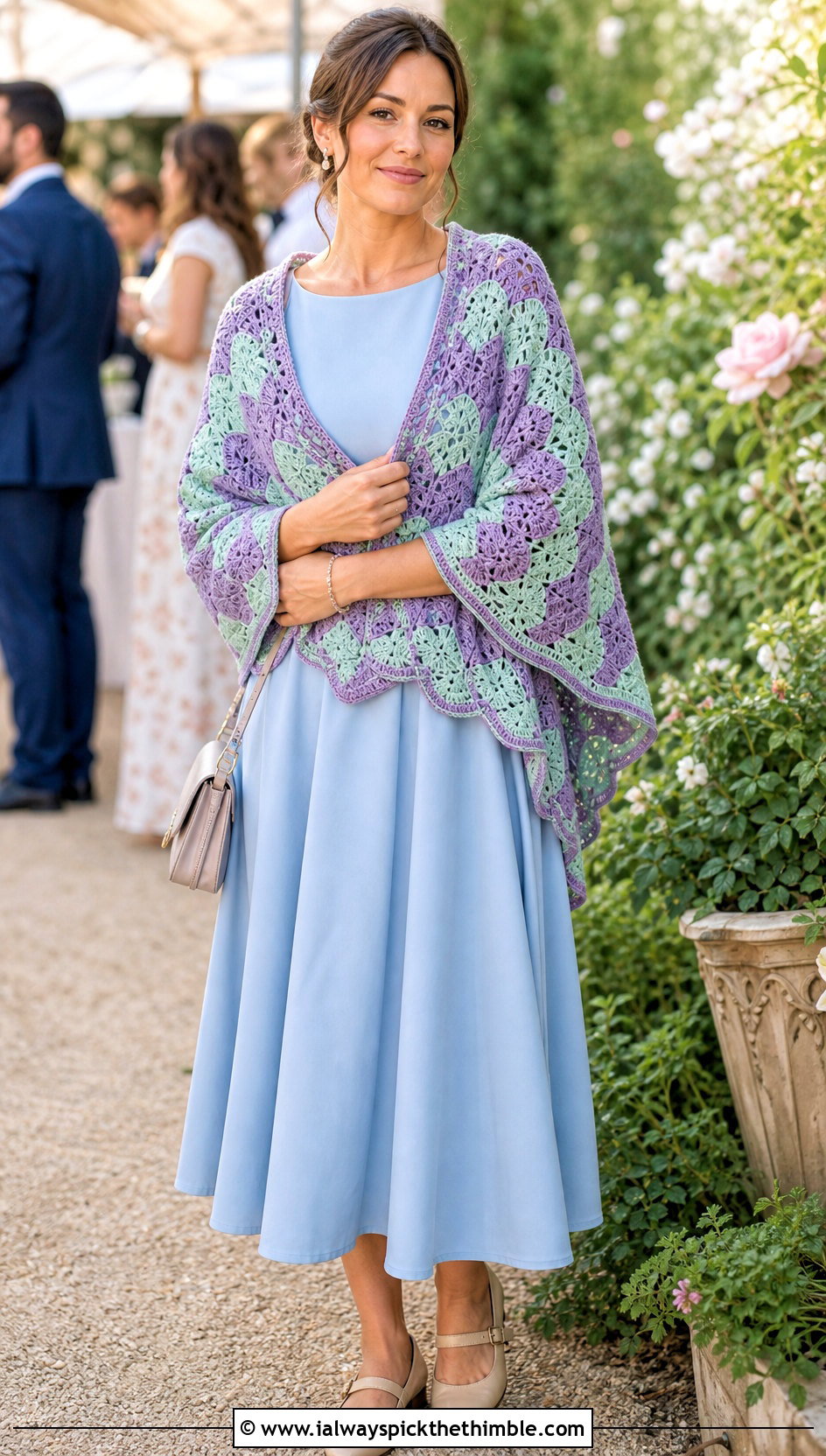 Scalloped Mosaic Crochet Shawl With Midi Dress And Ballet Flats - 20 mosaic crochet shawl outfit ideas