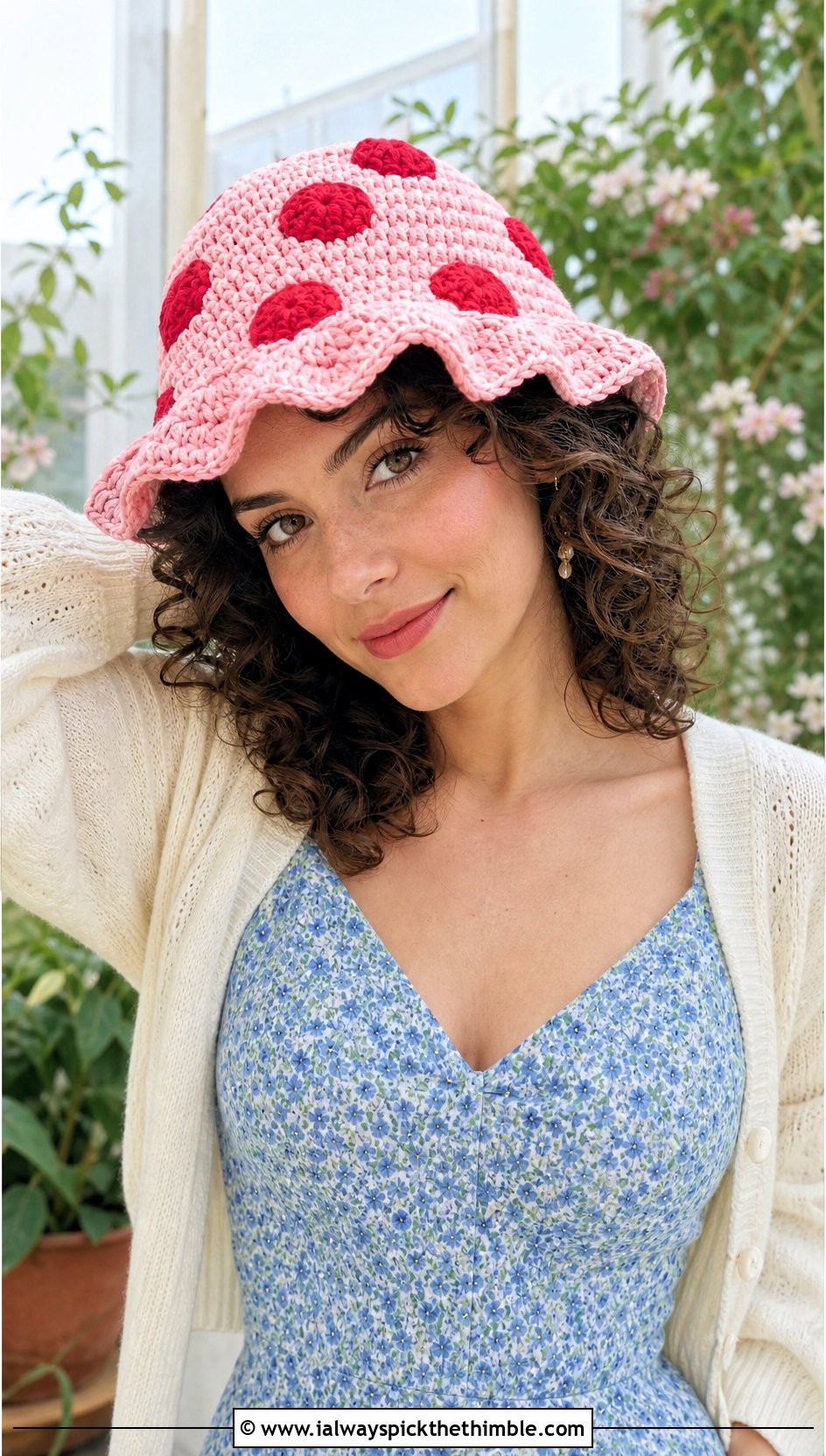 Scalloped Mushroom Crochet Bucket Hat With Floral Midi Dress - 15 Mushroom Crochet Bucket Hat outfit ideas
