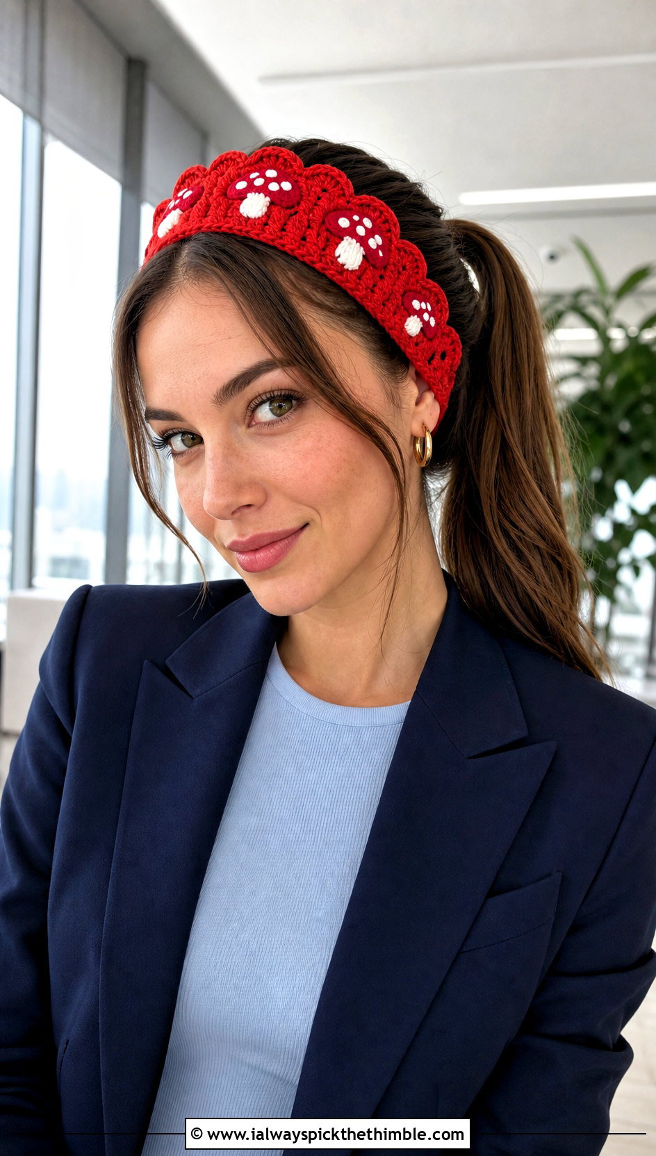 Scalloped Mushroom Crochet Headband With Tailored Suit - 20 Crochet Mushroom Headband outfit ideas