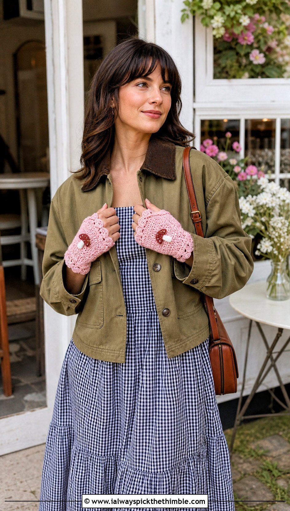 Scalloped Mushroom Fingerless Gloves With Gingham Midi Dress - 20 Crochet Mushroom Gloves outfit ideas
