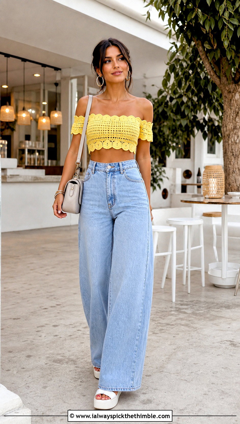 Scalloped Off Shoulder Crochet Crop Top With Wide Leg Jeans - 20 Off Shoulder Crochet Top outfit ideas