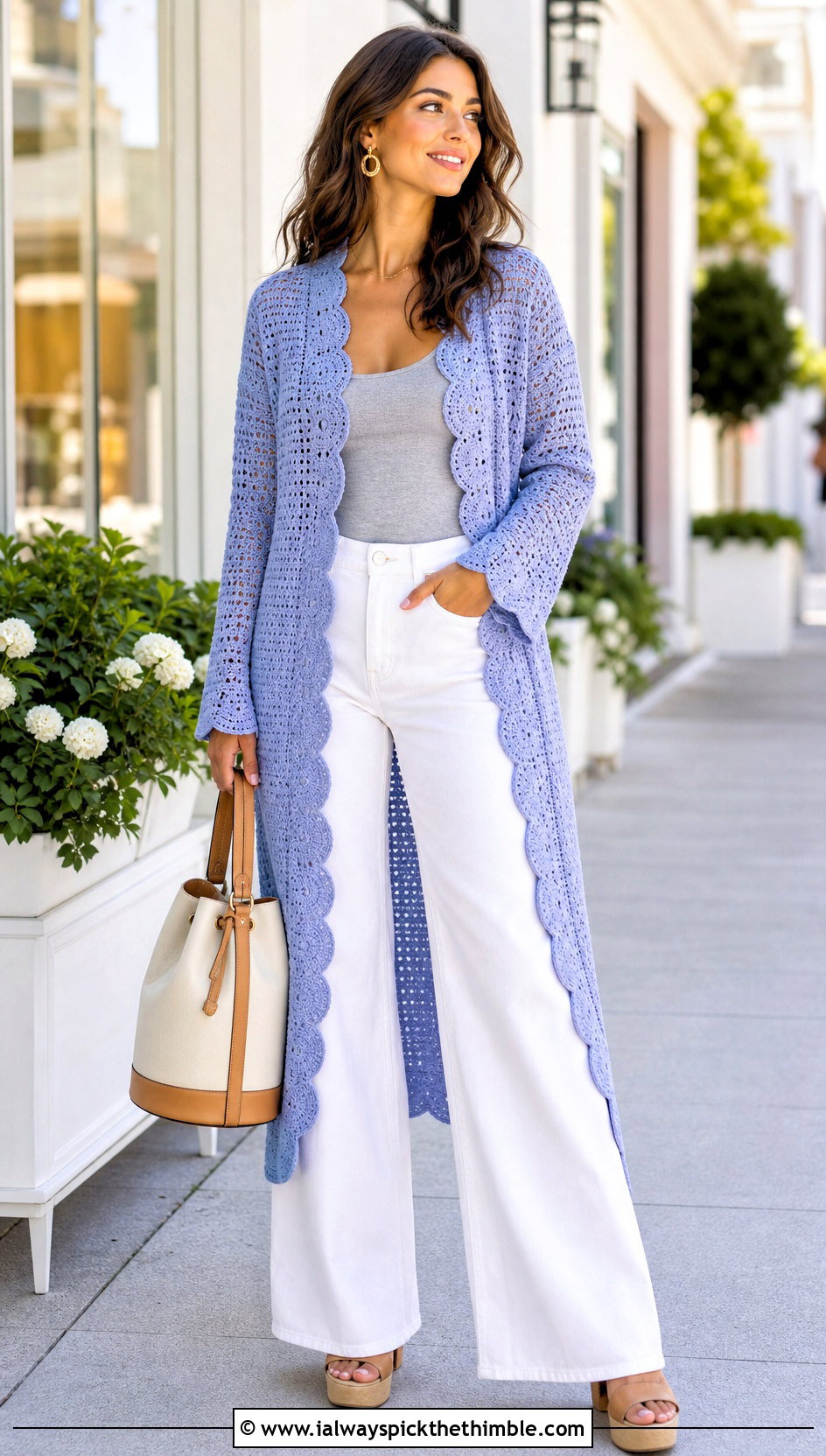 Scalloped One Piece Crochet Cardigan With White Jeans - 25 one piece crochet cardigan outfit ideas