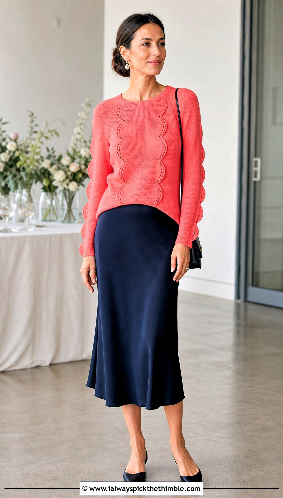 Scalloped Panel Sweater With Bias Cut Midi Skirt - 20 crochet panel sweater outfit ideas