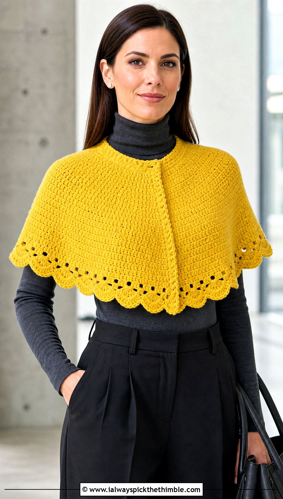 Scalloped Pelerine With Turtleneck And Tailored Trousers - 20 Victorian Crochet Shawl outfit ideas