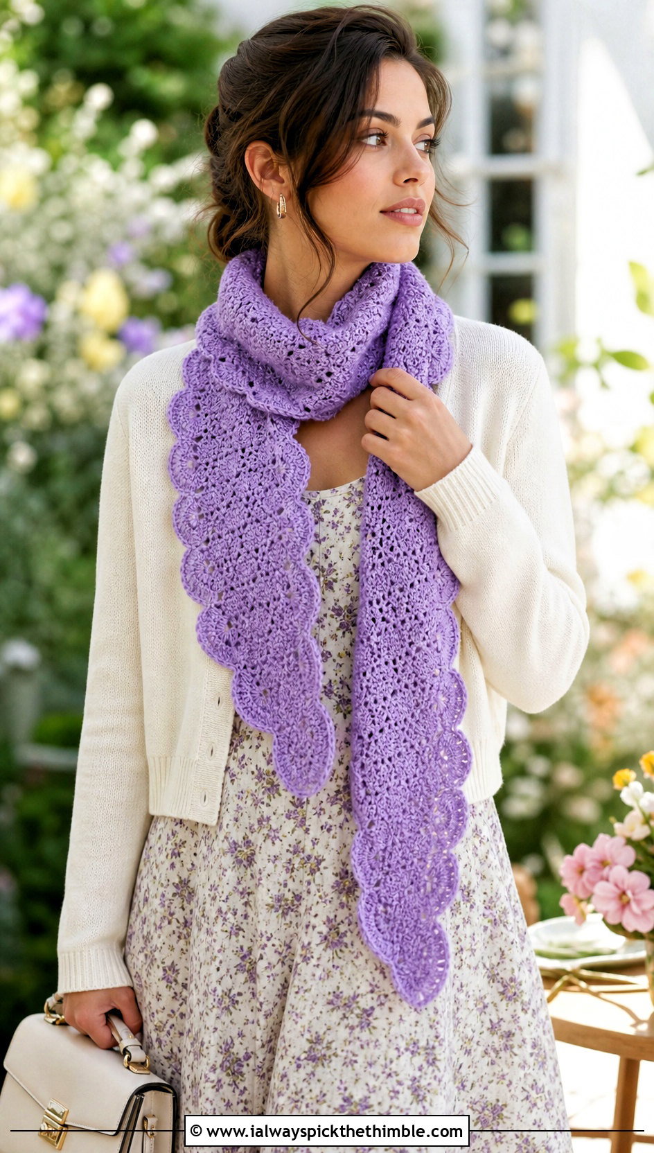 Scalloped Pencil Crochet Scarf With Floral Midi Dress - 20 Pencil Crochet Scarf outfit ideas