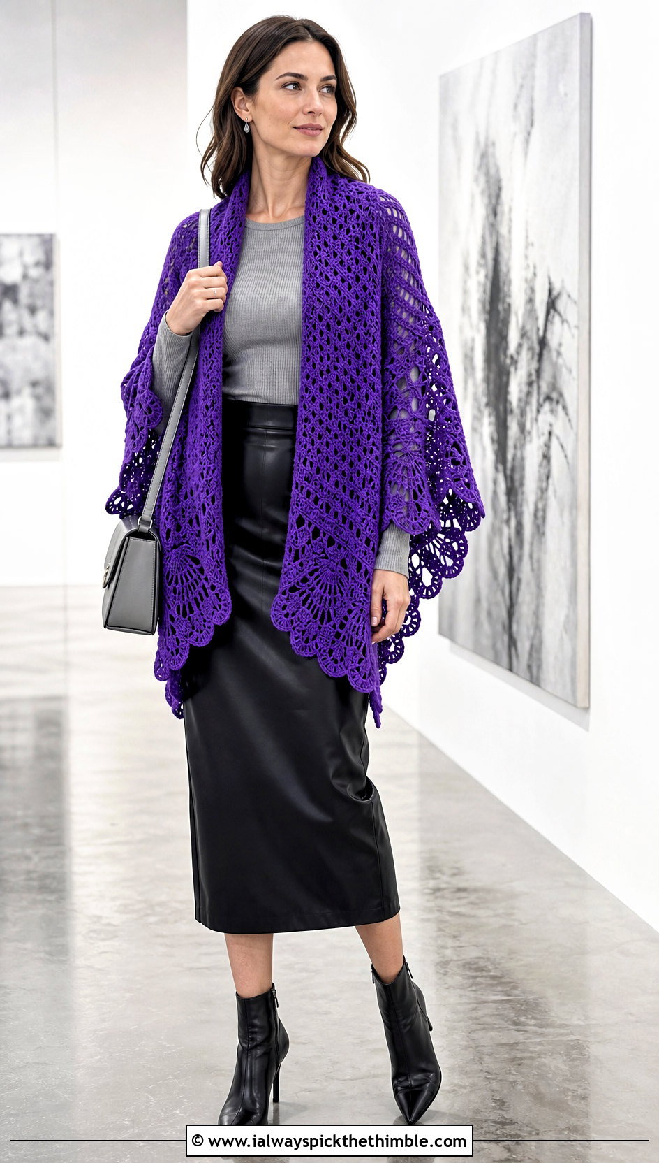 Scalloped Pineapple Crochet Shawl With Leather Skirt - 20 pineapple crochet shawl outfit ideas