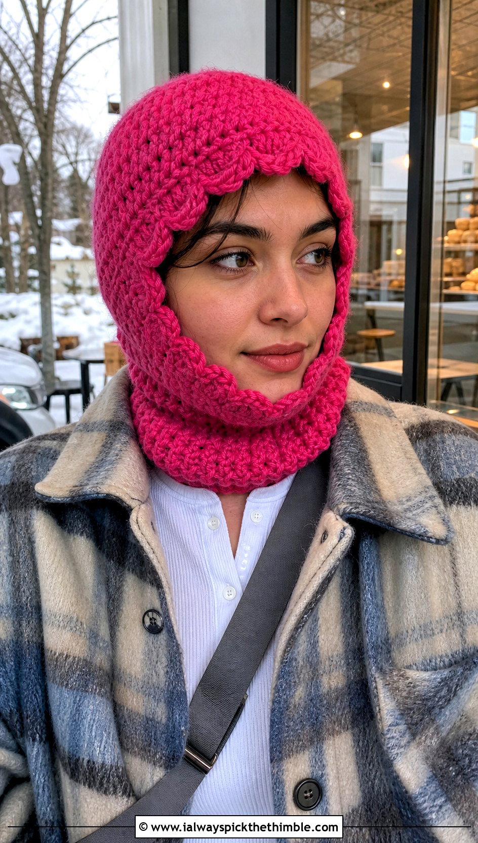 Scalloped Pink Crochet Balaclava With Plaid Shacket - 20 Pink Crochet Balaclava outfit ideas