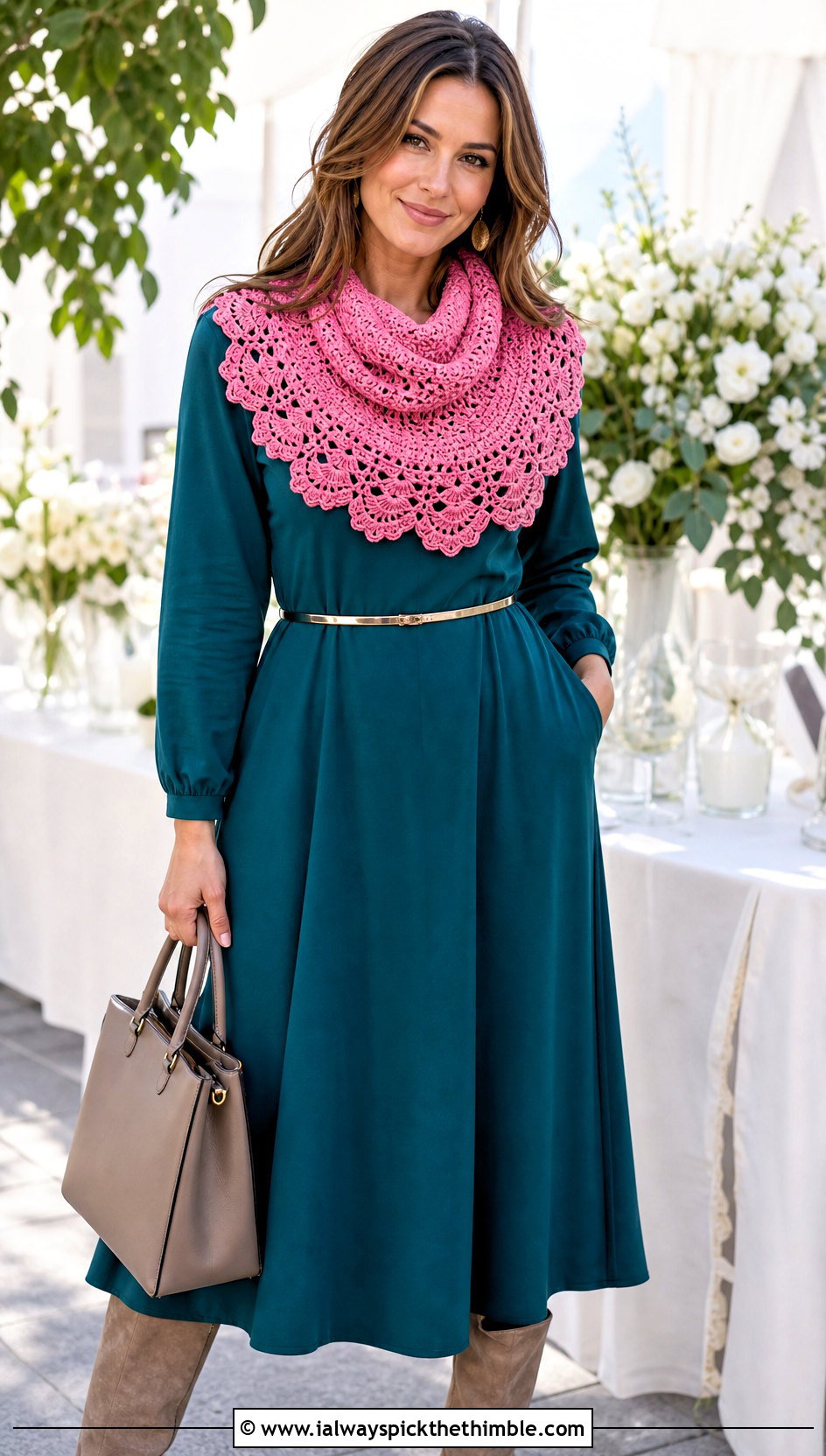 Scalloped Pink Crochet Cowl With Midi Dress - 15 pink crochet cowl outfit ideas