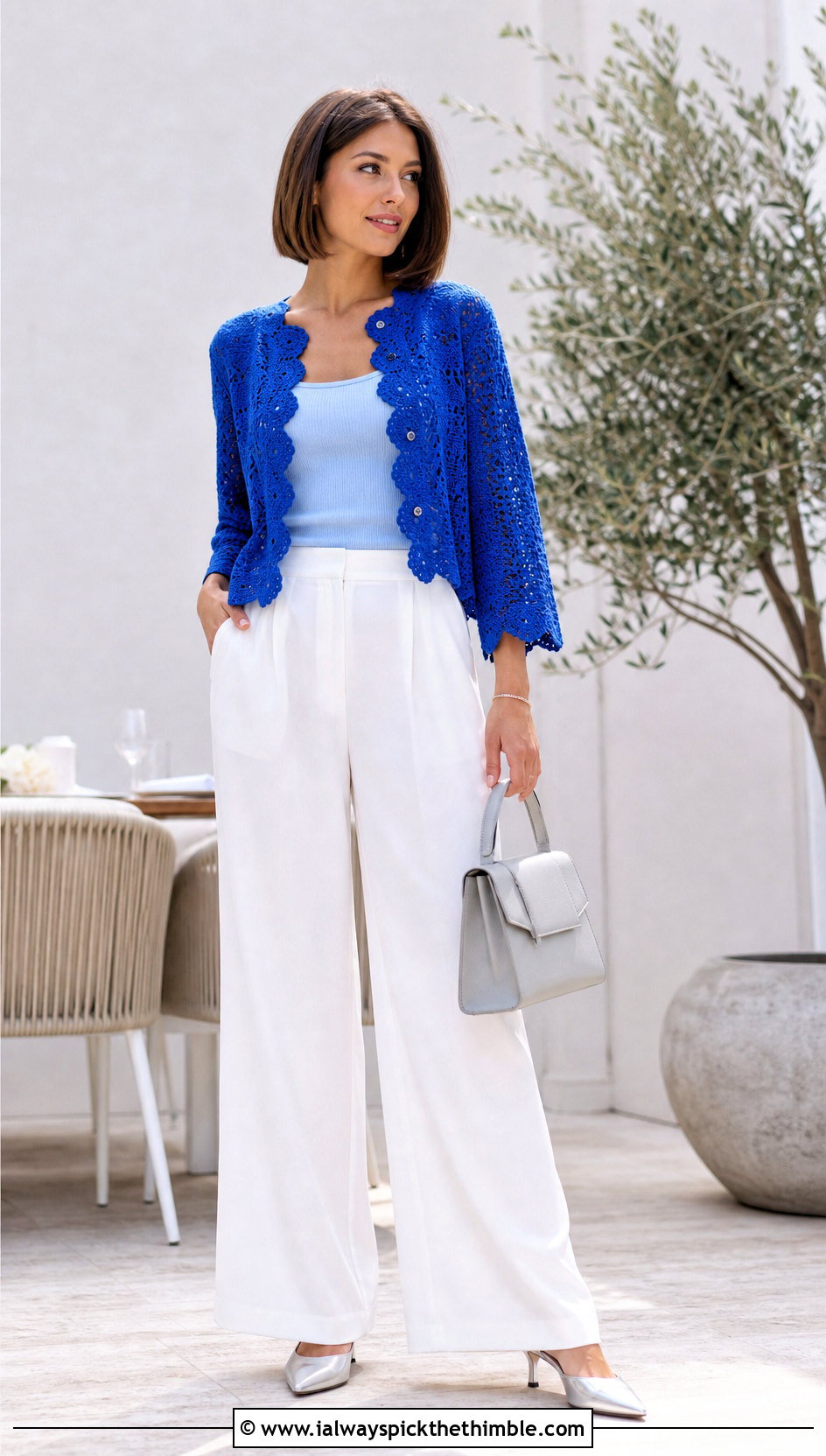 Scalloped Pointelle Crochet Cardigan With Wide Leg Pants - 15 Crochet Womens Cardigan Sweater outfit ideas