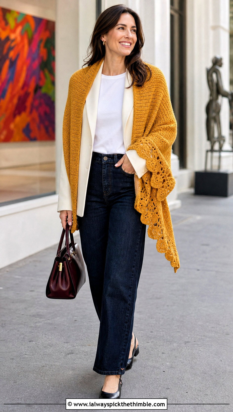 Scalloped Prayer Shawl With Blazer And Jeans - 15 Crochet Prayer Shawl Amazing Grace outfit ideas