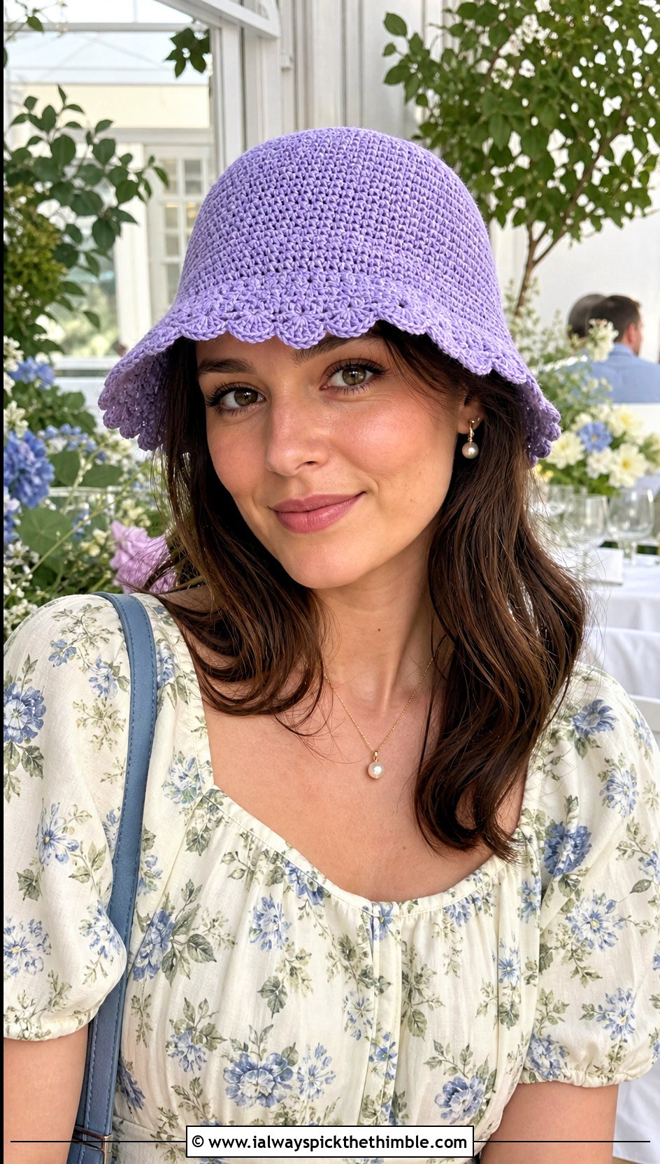 Scalloped Purple Crochet Bucket Hat With Floral Midi Dress - 20 purple crochet bucket hat outfit ideas