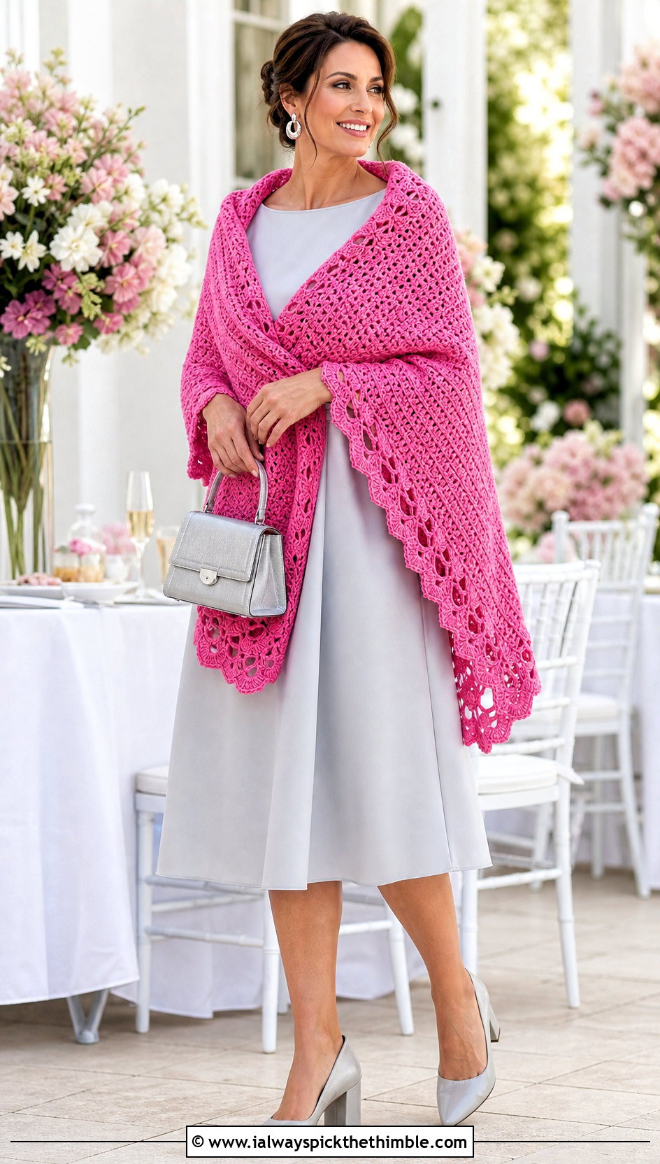 Scalloped Rectangle Crochet Shawl With A Line Dress - 20 Easy Crochet Rectangle Shawl outfit ideas