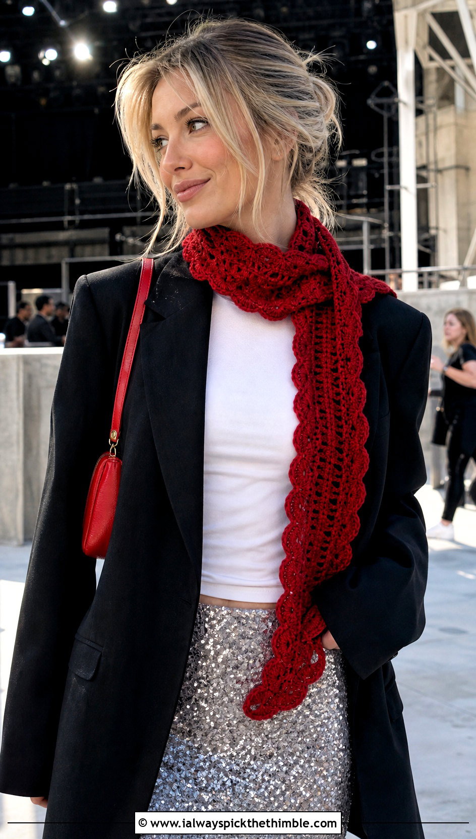 Scalloped Red Crochet Scarf With Sequin Skirt - 20 taylor swift red crochet scarf outfit ideas