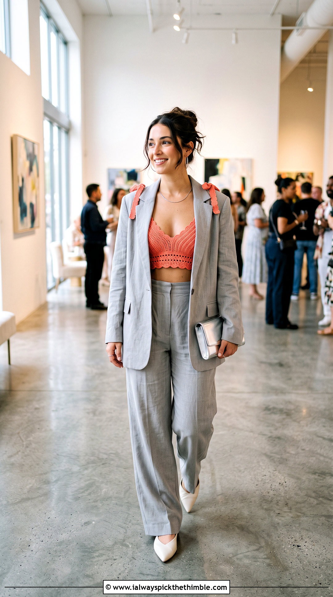 Scalloped Ribbon Crochet Bralette Top With Oversized Suit - 25 crochet top with ribbon outfit ideas