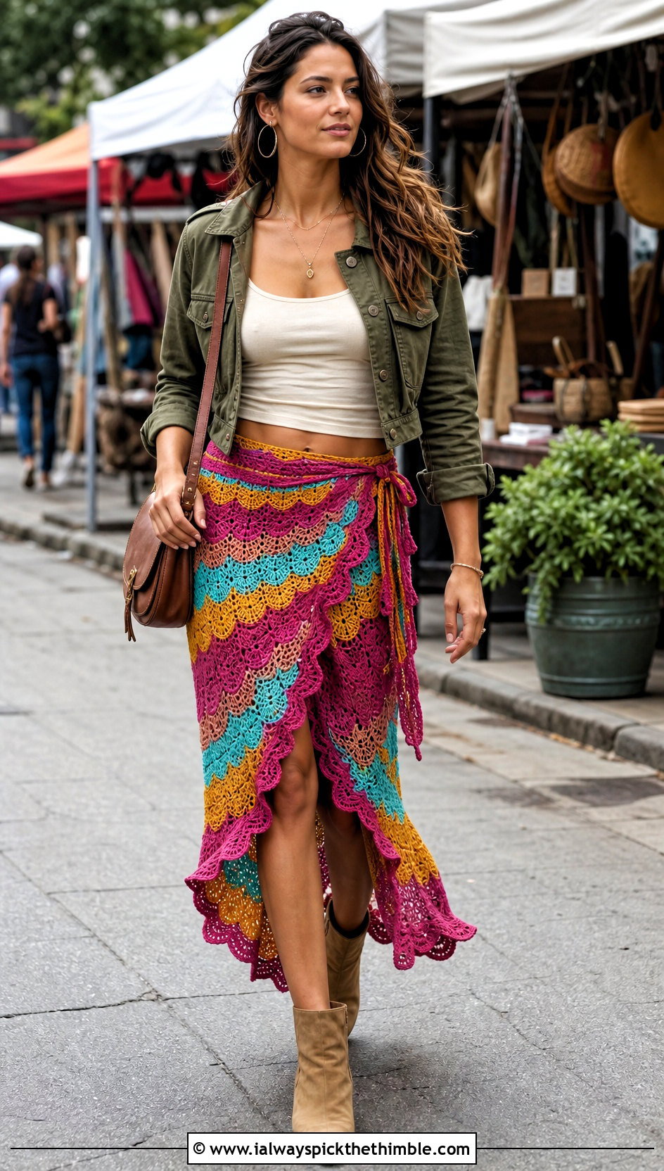 Scalloped Ripple Crochet Wrap Skirt With Utility Jacket - 15 colorful crochet zigzag skirt outfit ideas