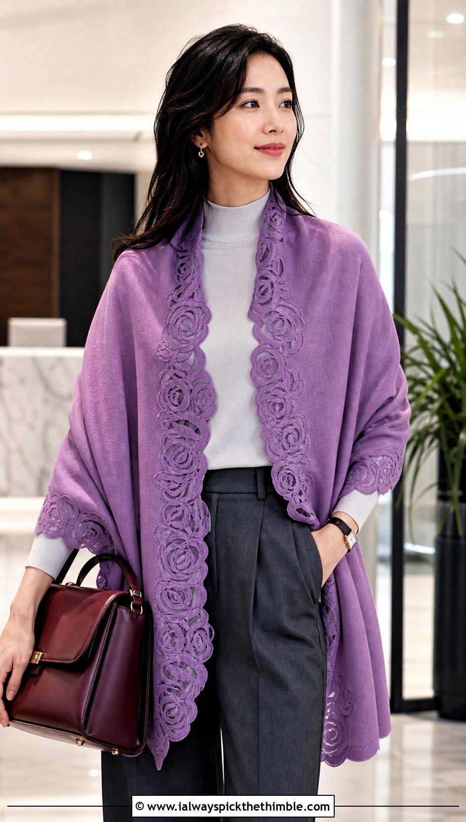 Scalloped Rose Shawl With Pleated Trousers - 20 Crochet Rose Shawl outfit ideas