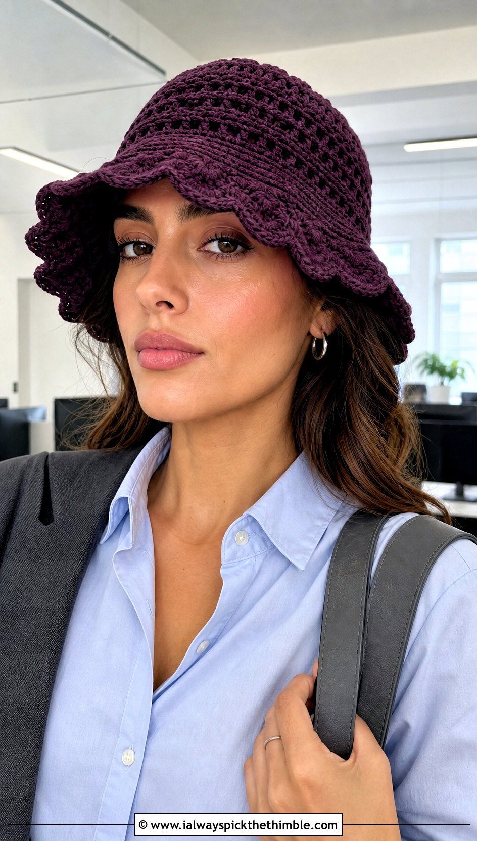 Scalloped Ruffled Crochet Bucket Hat With Button Down And Wide Leg Pants - 20 ruffled crochet bucket hat outfit ideas