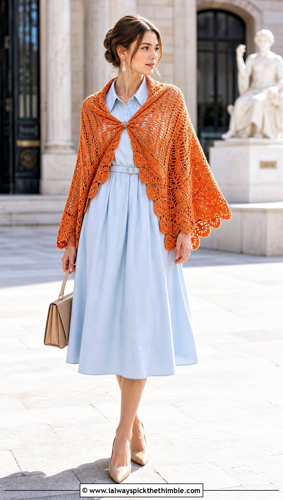 Scalloped Semicircle Spiderweb Crochet Shawl With Midi Dress - 20 spiderweb crochet shawl outfit ideas