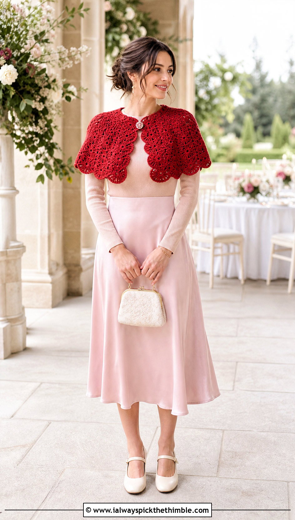 Scalloped Shell Capelet With Satin Midi Skirt - 15 Outlander Crochet Capelet outfit ideas