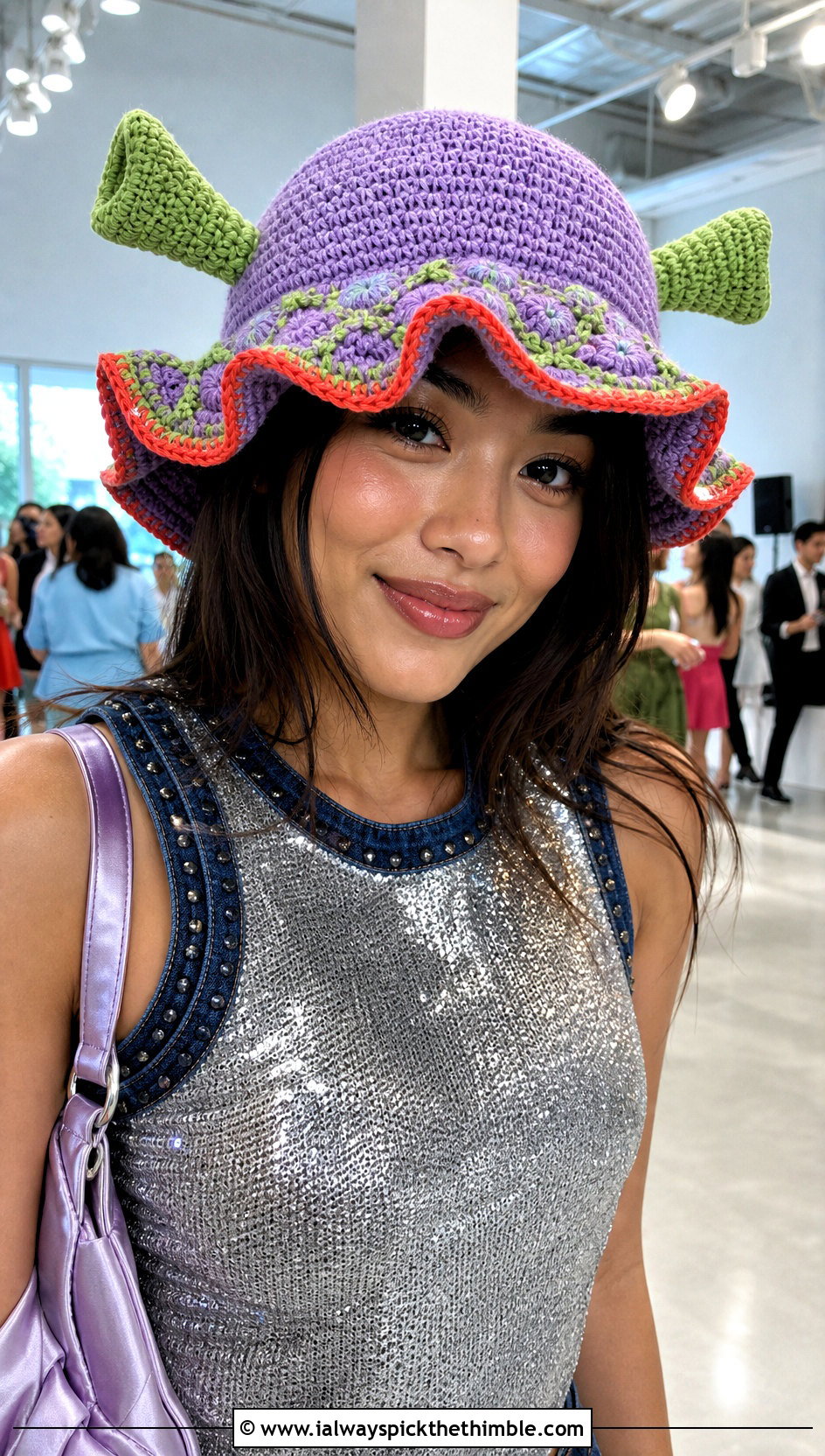 Scalloped Shrek Crochet Bucket Hat With Sequin Top - 20 shrek crochet bucket hat outfit ideas