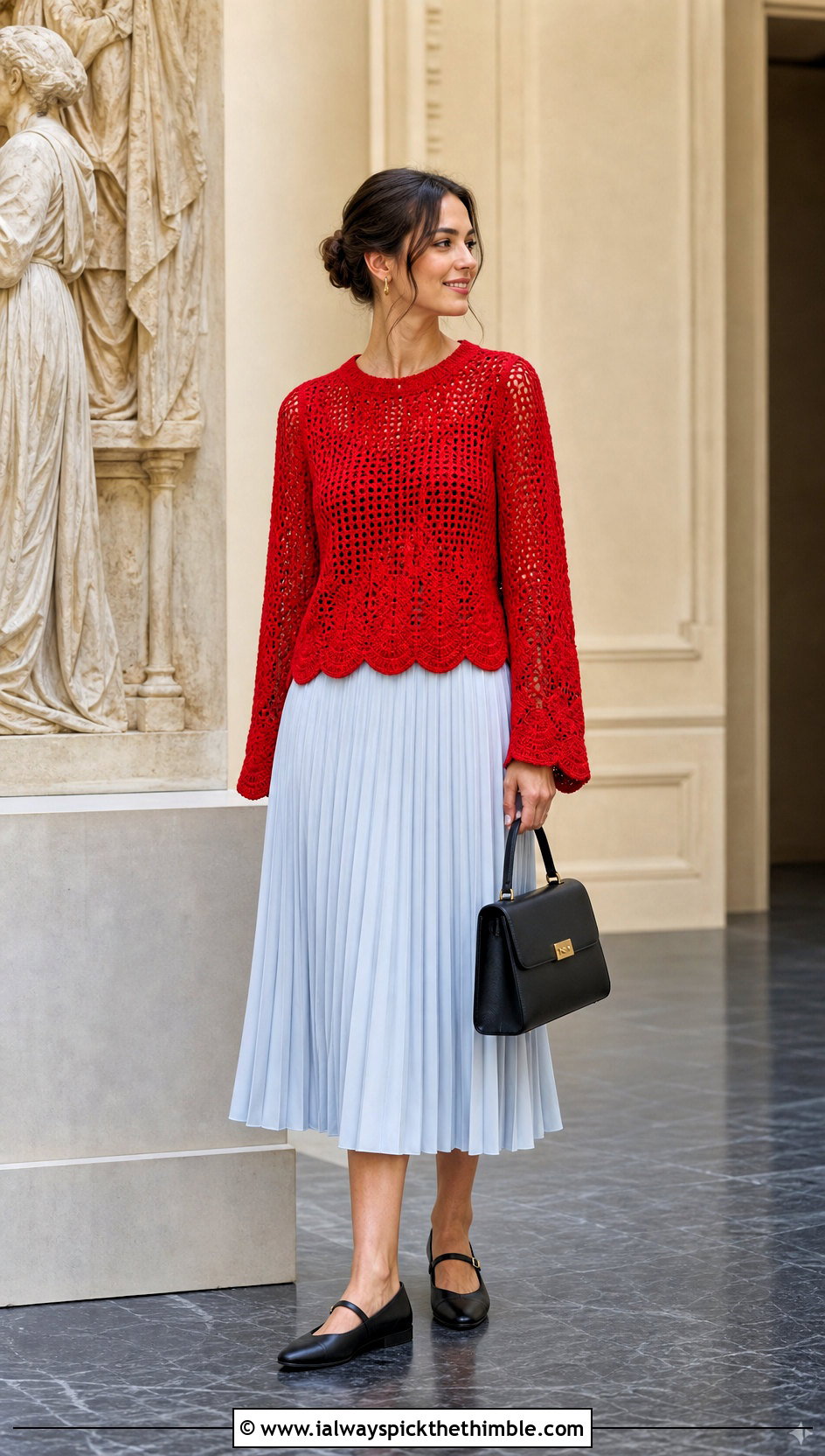 Scalloped Sleeve Crochet Boho Sweater With Pleated Skirt - 20 crochet boho sweater outfit ideas
