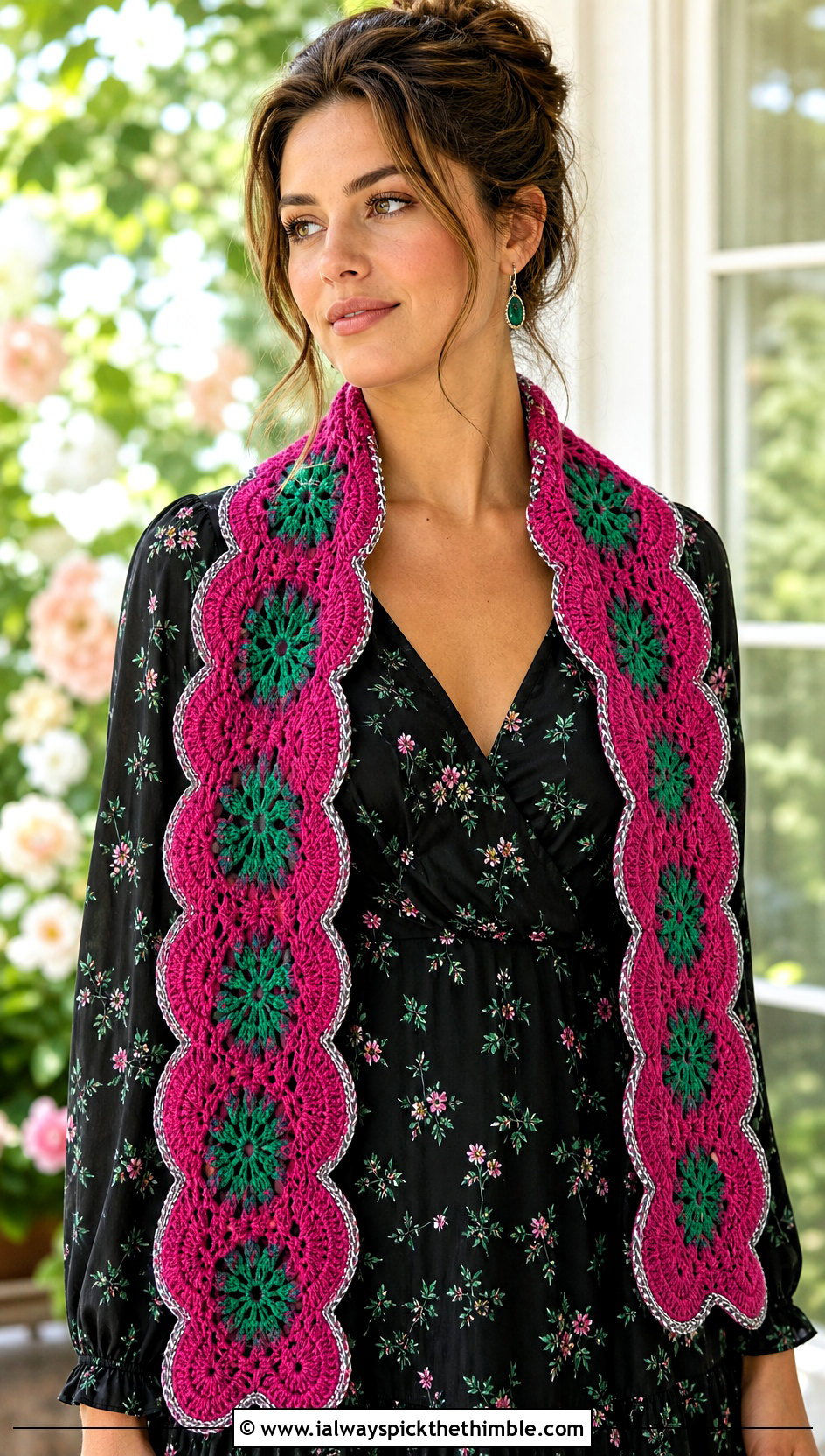 Scalloped Slytherin Crochet Scarf With Floral Midi Dress - 20 slytherin crochet scarf outfit ideas