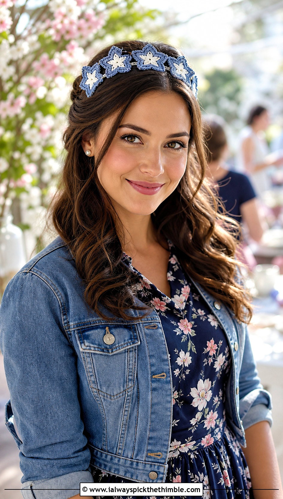 Scalloped Star Headband With Floral Midi Dress - 20 crochet star headband outfit ideas