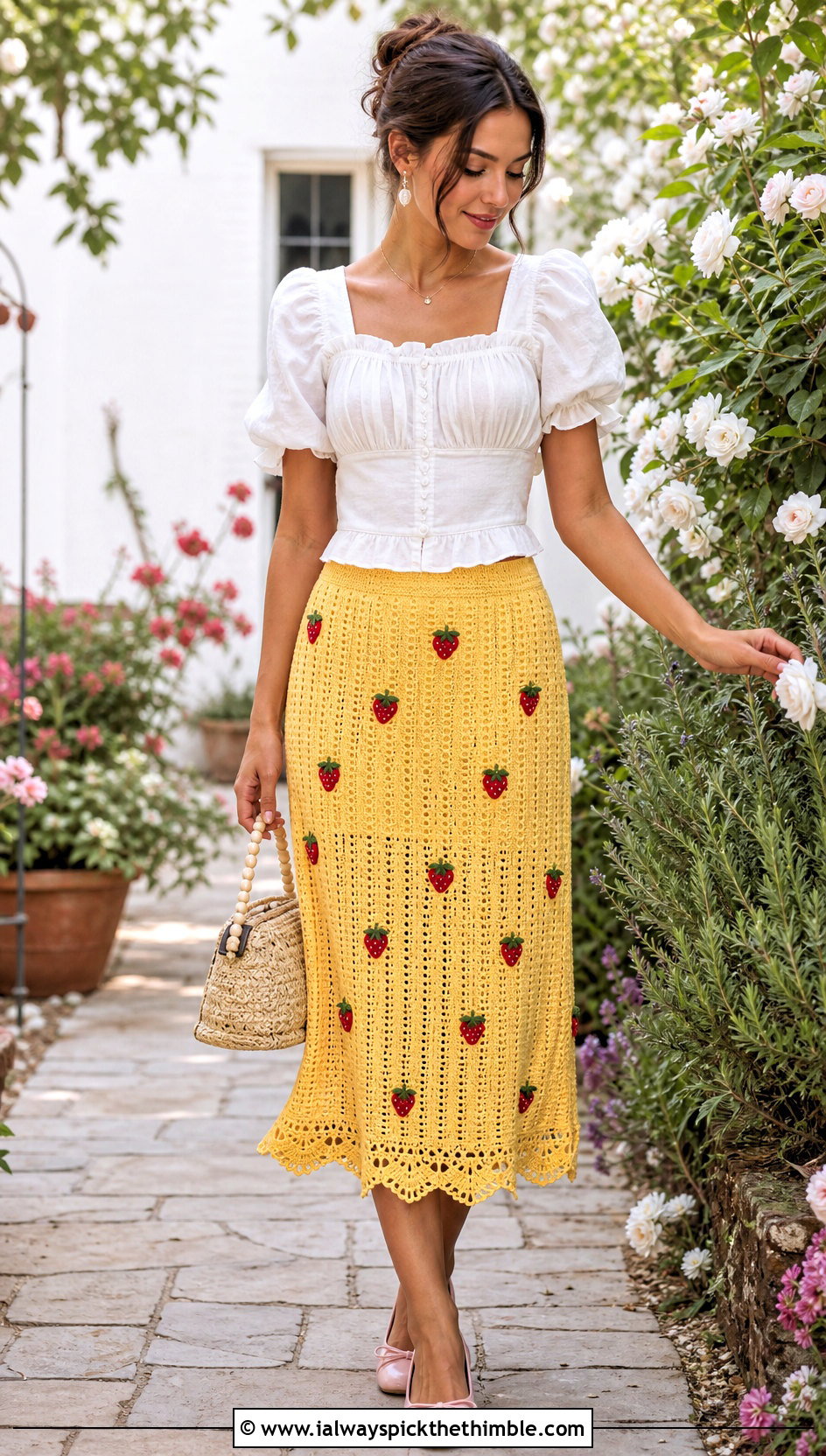 Scalloped Strawberry Crochet Skirt With Puff Sleeve Blouse - 20 crochet strawberry skirt outfit ideas