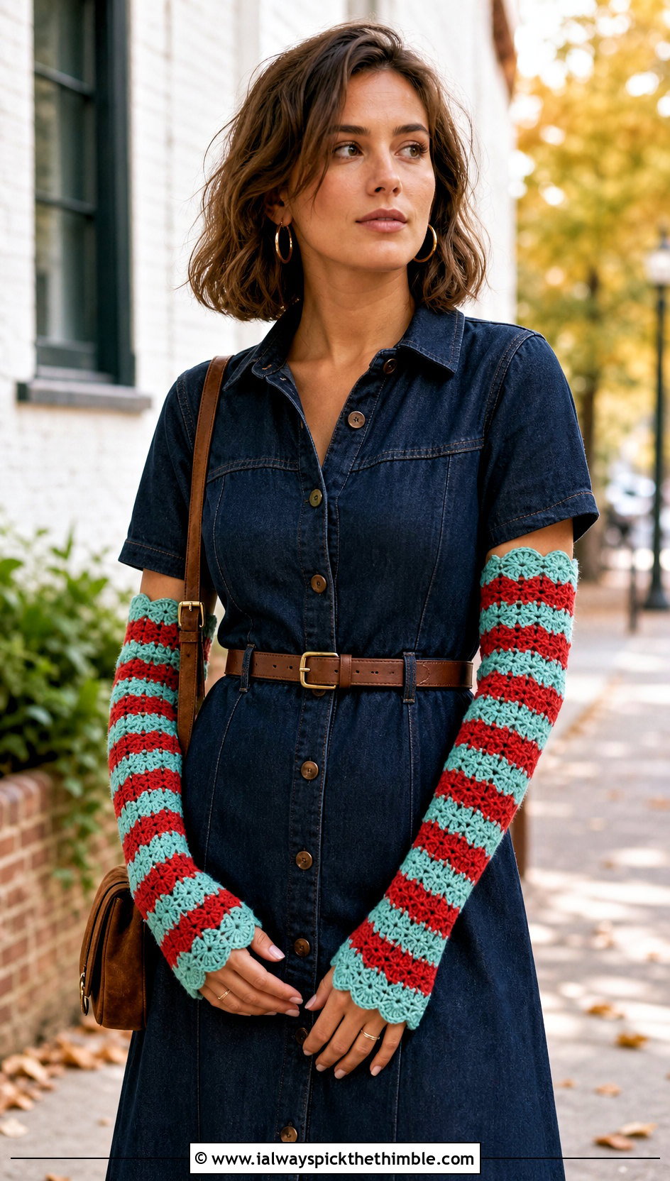 Scalloped Striped Crochet Arm Warmers With Denim Dress - 15 Striped Crochet Arm Warmers outfit ideas
