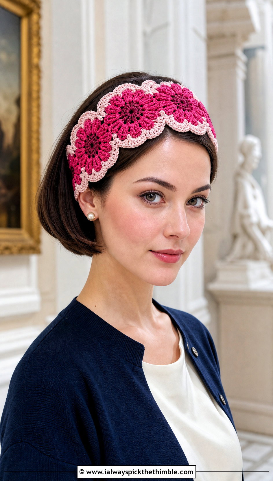 Scalloped Sunflower Crochet Headband With Cardigan And Trousers - 20 Crochet Sunflower Headband outfit ideas