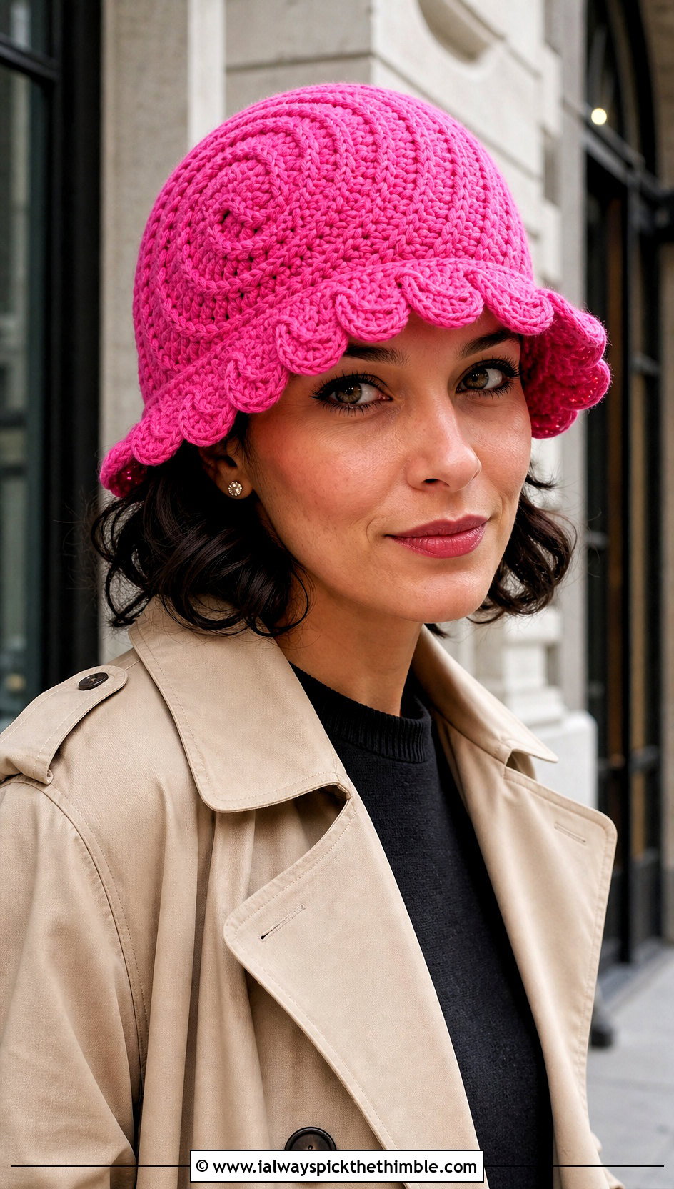Scalloped Swirl Crochet Cloche With Trench Coat - 20 crochet swirl hat outfit ideas