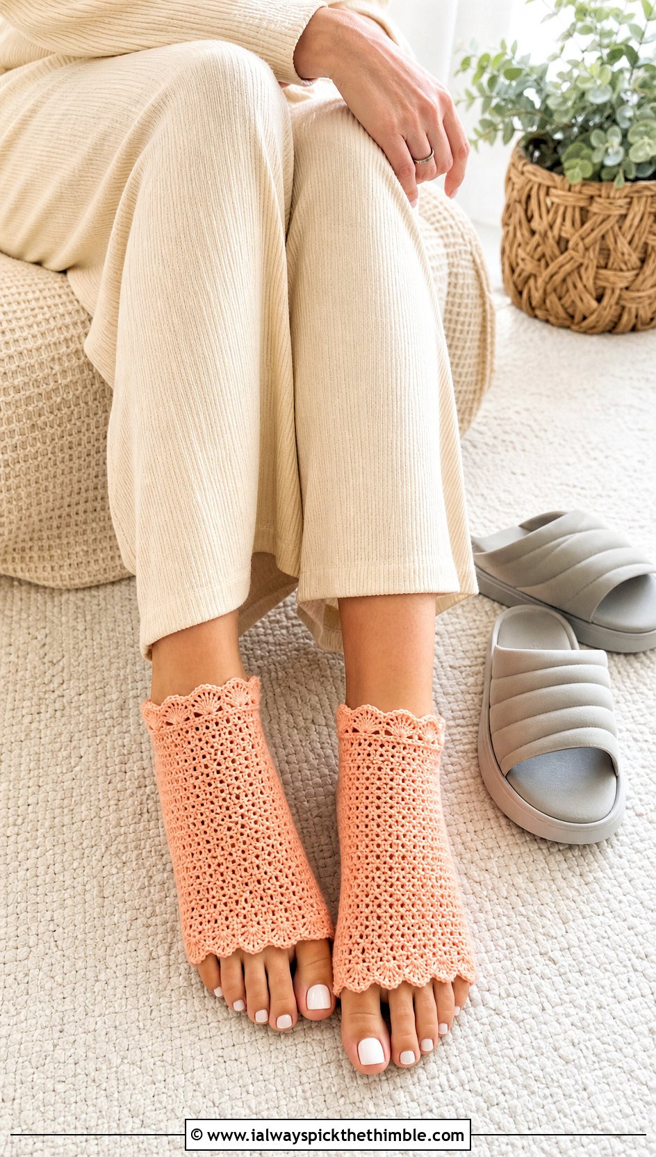Scalloped Toeless Crochet Pedicure Socks With A Lounge Set - 20 Toeless Crochet Socks outfit ideas