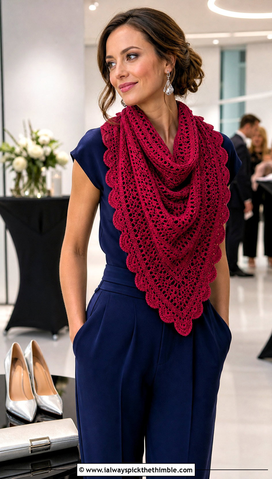 Scalloped Triangle Cowl With Evening Jumpsuit - 20 crochet triangle cowl outfit ideas
