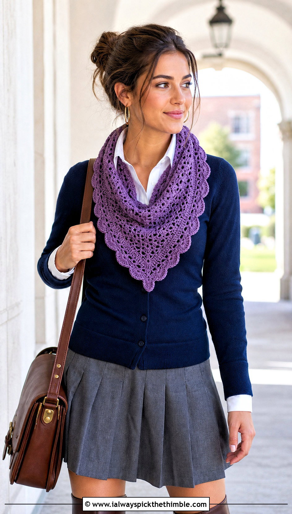 Scalloped Triangle Crochet Scarf With Pleated Skirt - 15 Boho Triangle Crochet Scarf outfit ideas