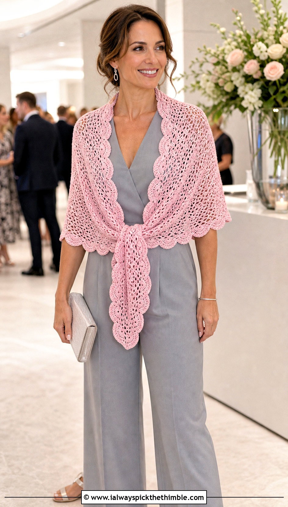 Scalloped Triangle Crochet Shawl With Jumpsuit And Heels - 15 Beginner Triangle Crochet Shawl outfit ideas