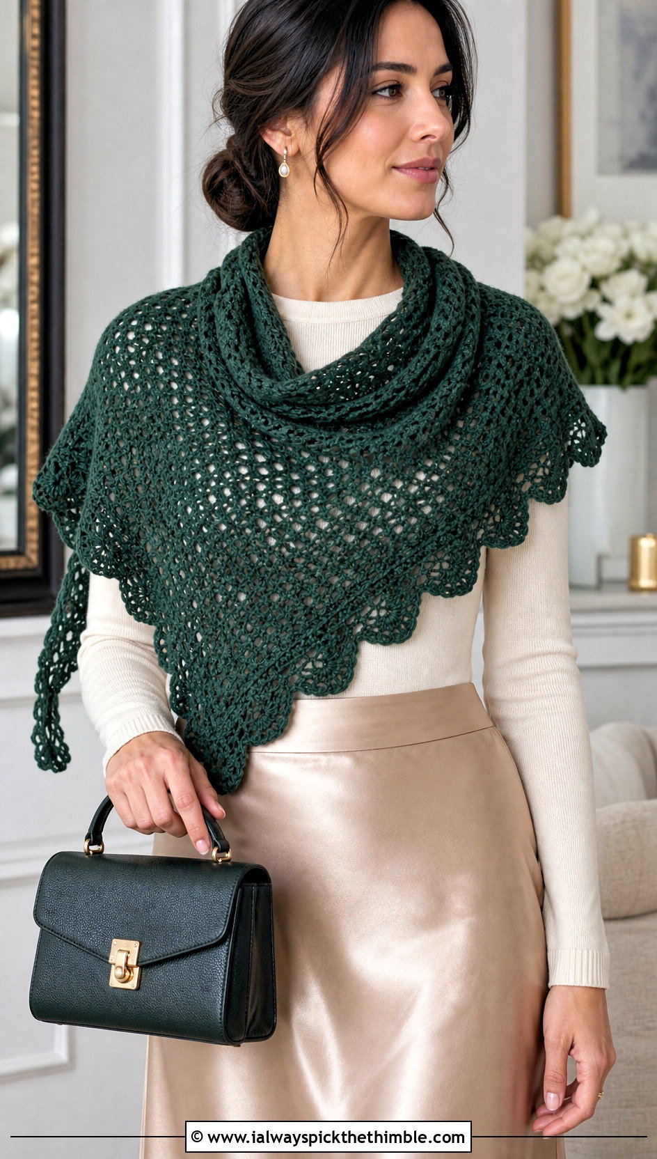 Scalloped Triangle Crochet Shawl With Satin Midi Skirt - 20 triangle crochet shawls outfit ideas