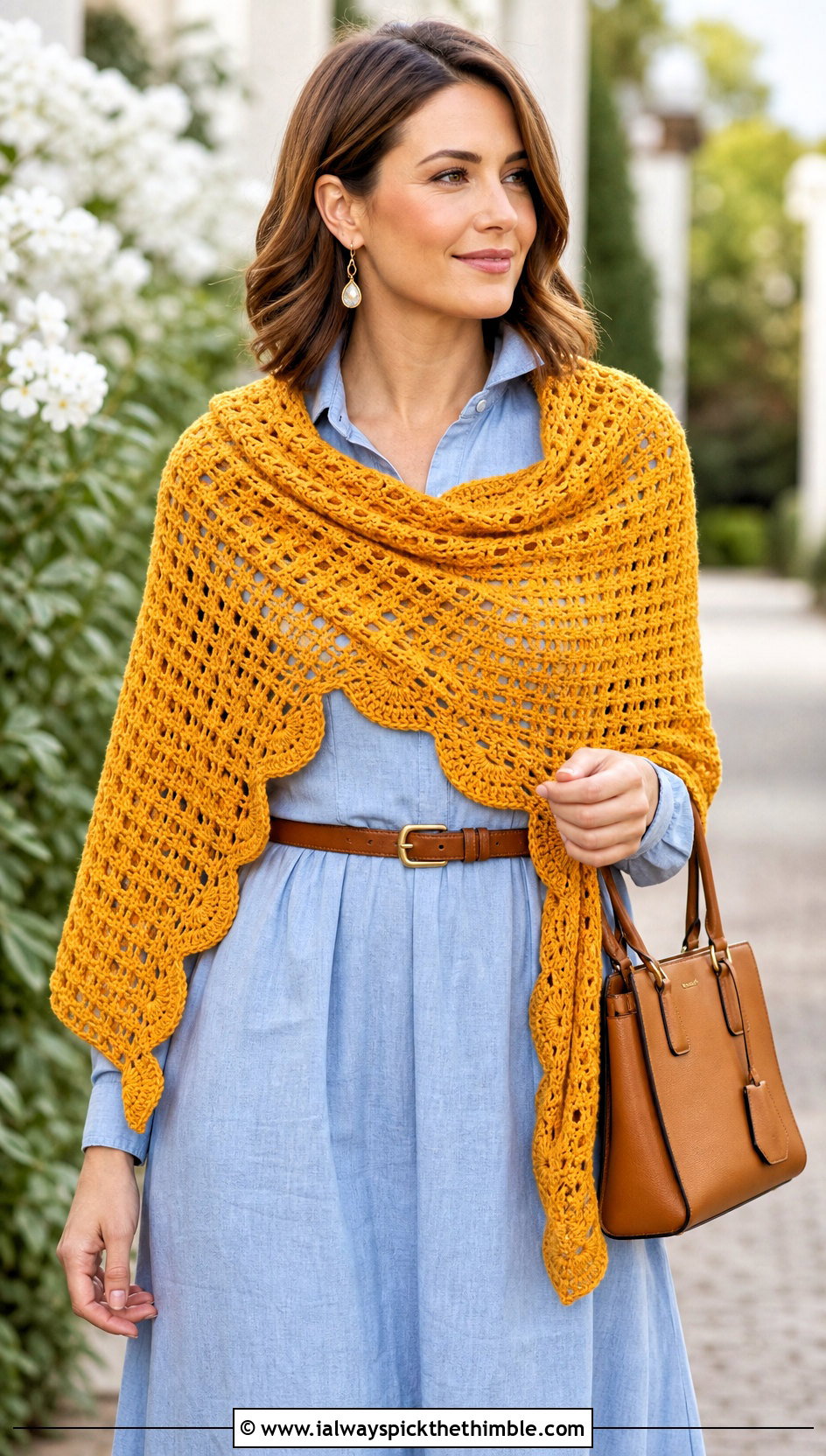 Scalloped Triangle Crochet Shawl With Shirt Dress And Belt - 20 easy triangle crochet shawl outfit ideas