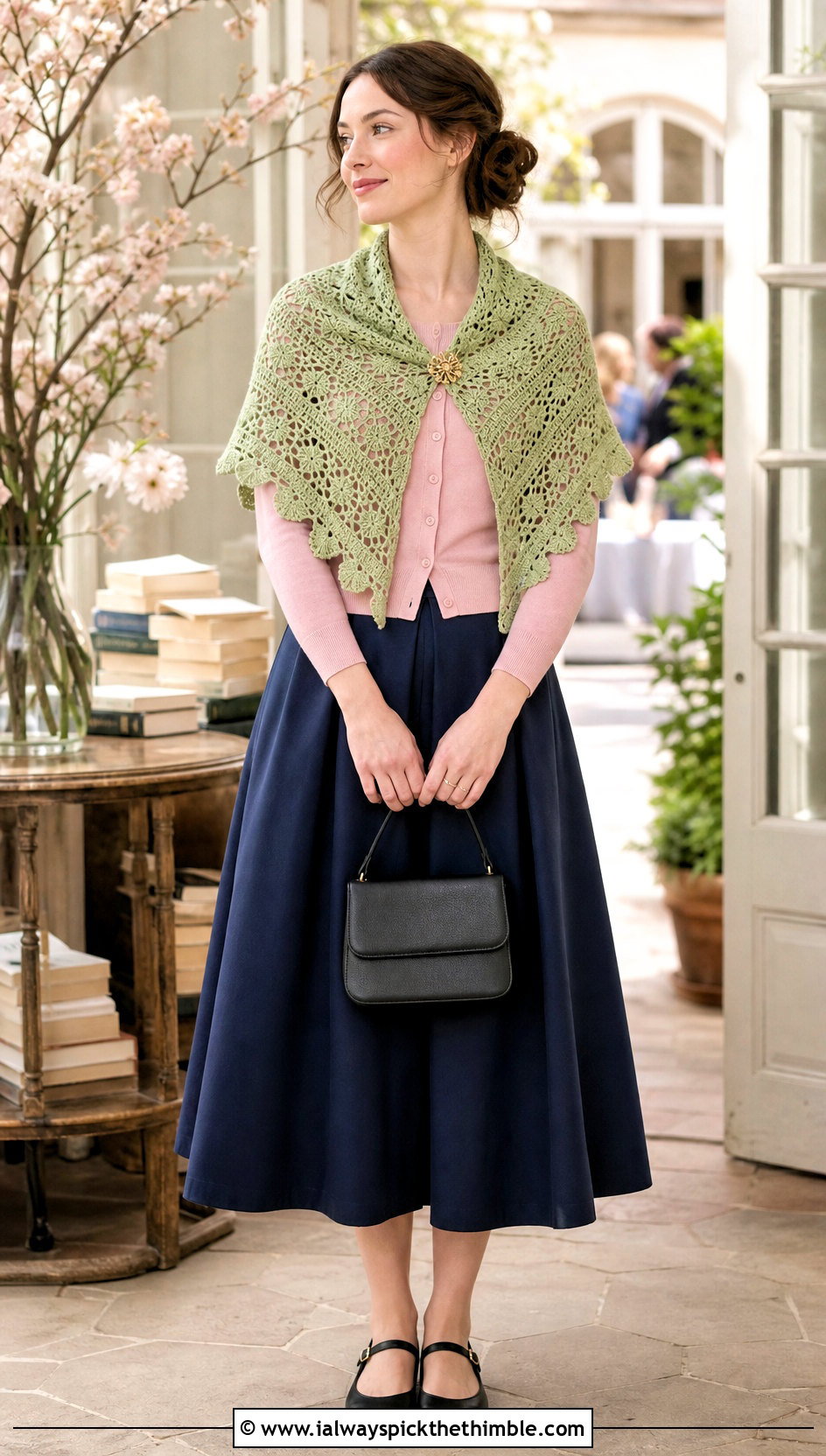 Scalloped Triangle Crochet Shawl With Tea Length Skirt - 25 triangle crochet shawl outfit ideas