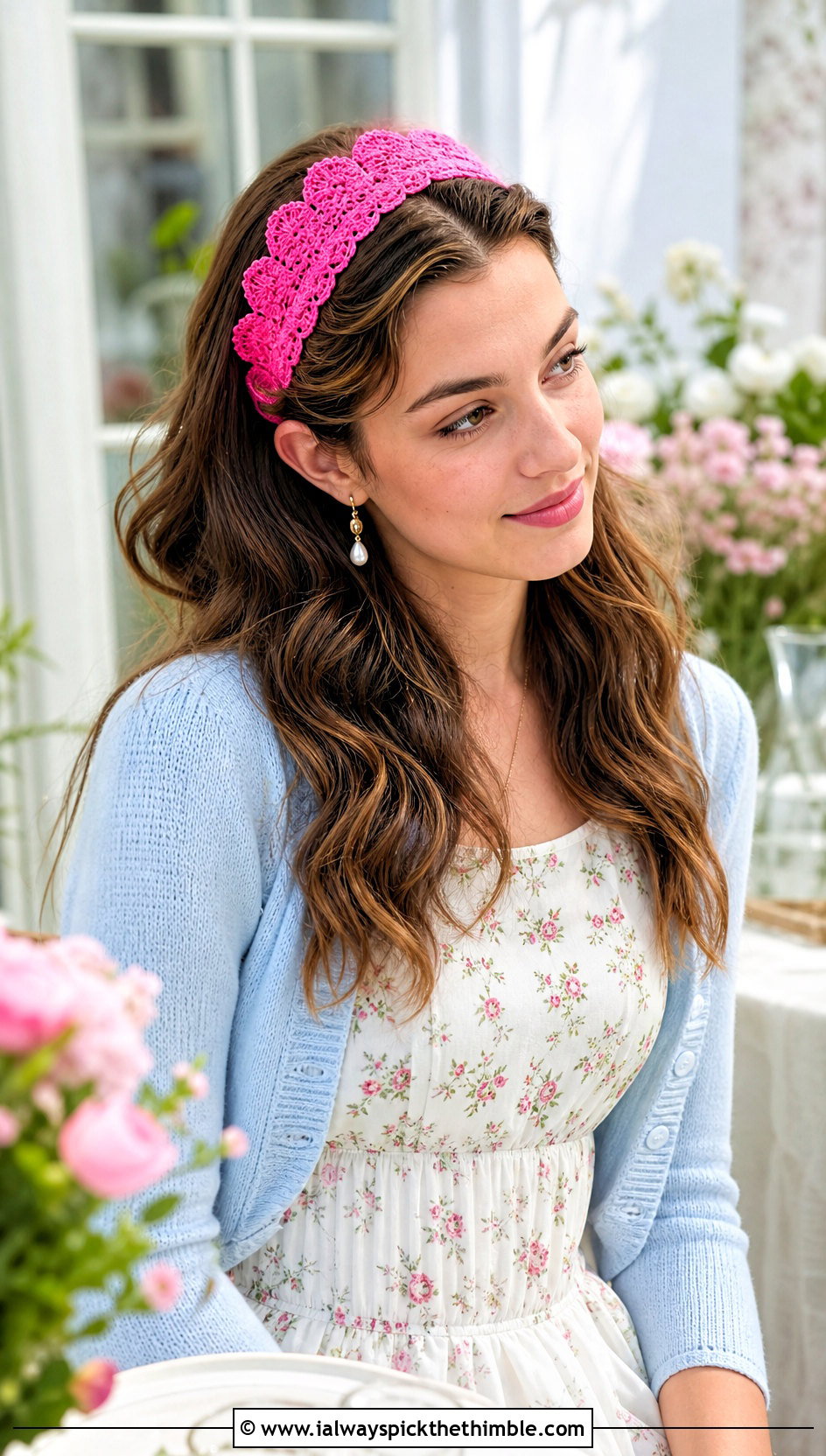 Scalloped Triangle Headband With Floral Midi Dress - 20 crochet triangle headband outfit ideas